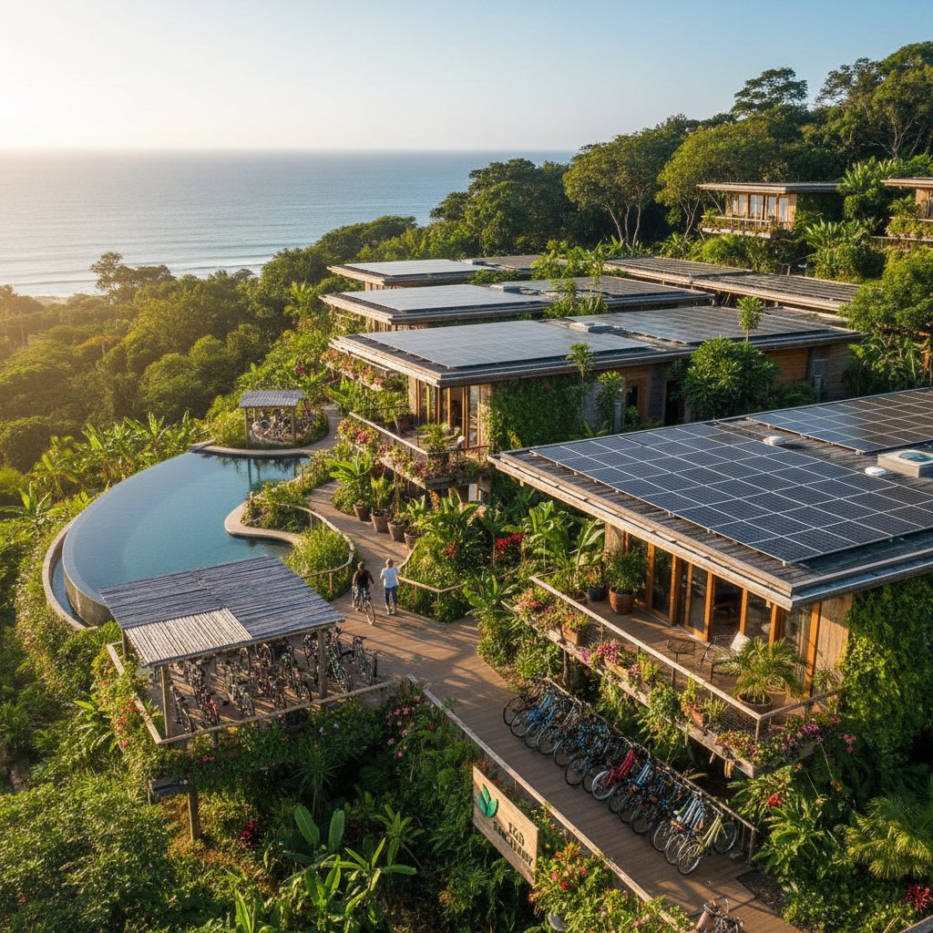 Hotel z panelami słonecznymi na dachu i rowerami dla gości, otoczony zielenią