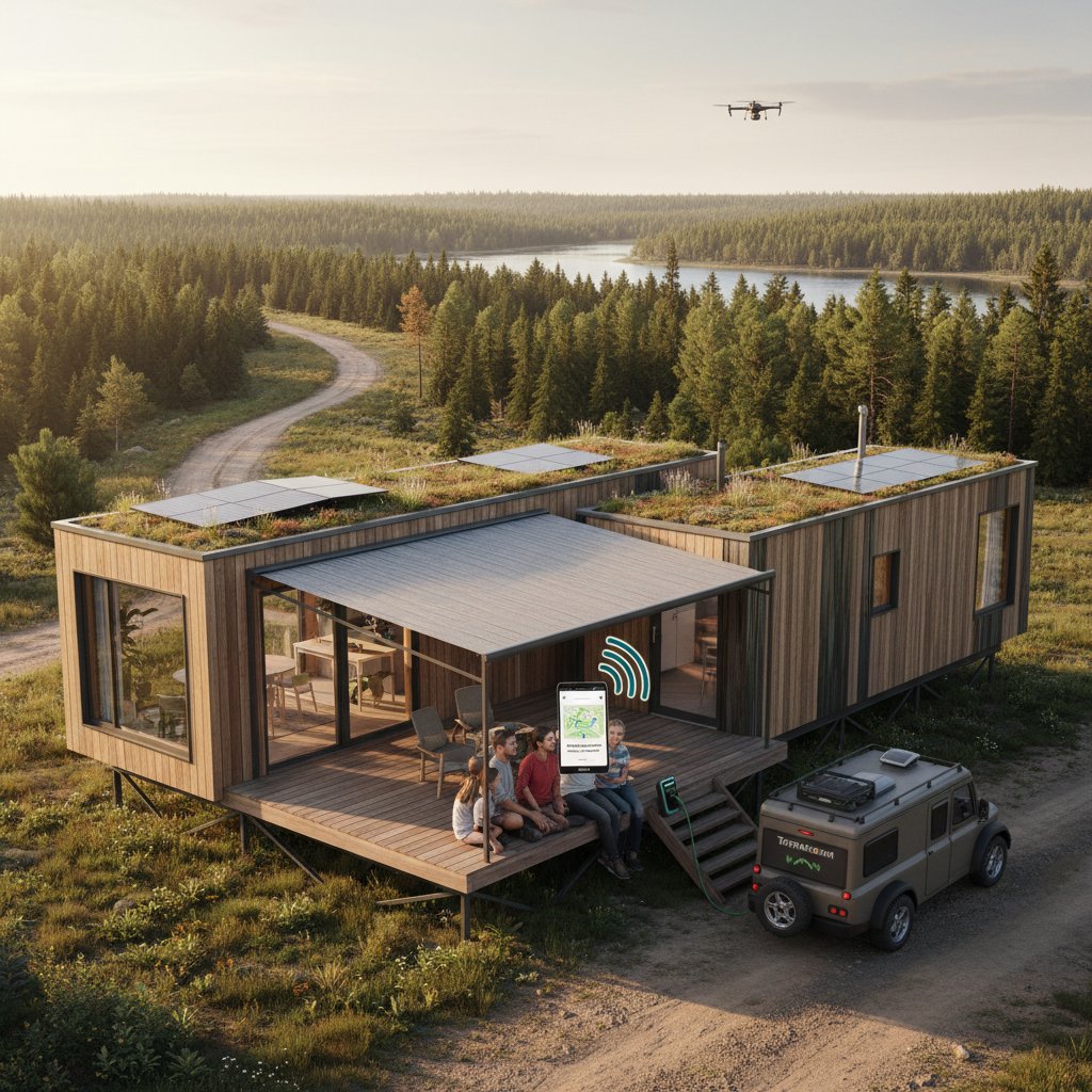 Ekologiczny dom modułowy i rodzina korzystająca z aplikacji mobilnej do rezerwacji