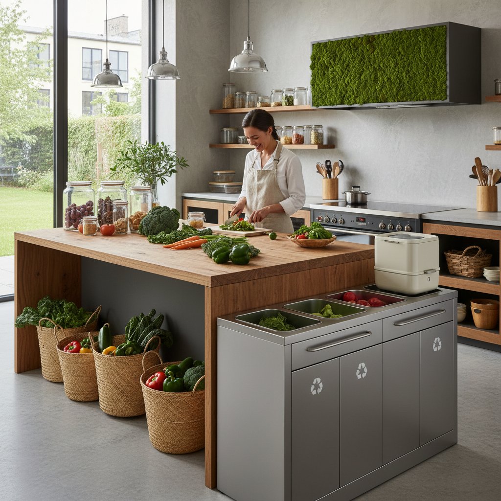 Ekologiczna kuchnia z warzywami, eko-opakowaniami, kompostownikiem – symbol redukcji odpadów