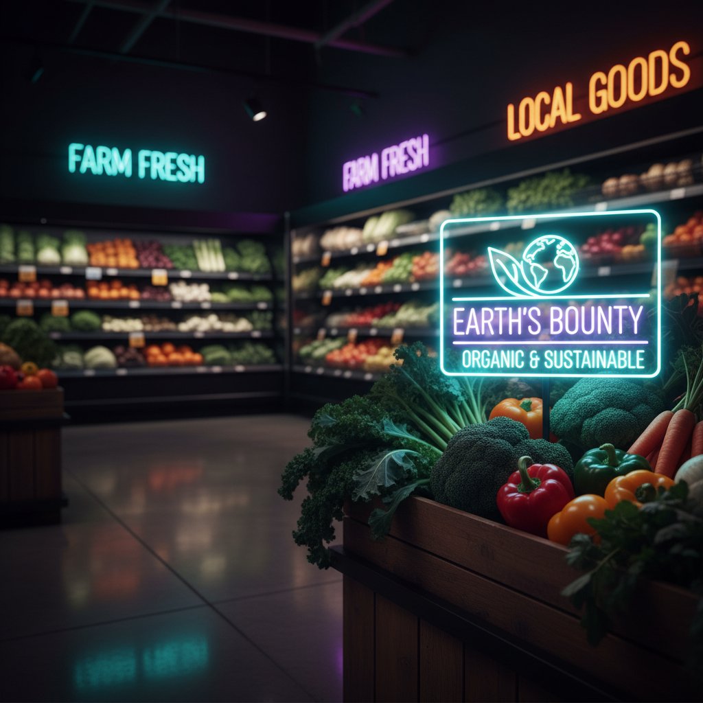 Zbliżenie na etykietę 'eko' na warzywach w supermarkecie, polskie produkty, światło neonów