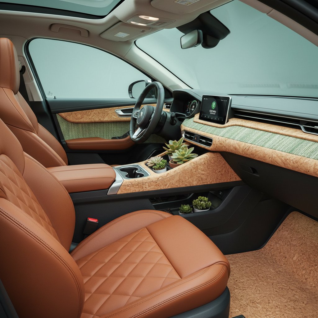 Close-up photo of modern car interior with eco-materials, recycled plastics, vegan leather, tactile textures, cabin comfort, sustainability focus