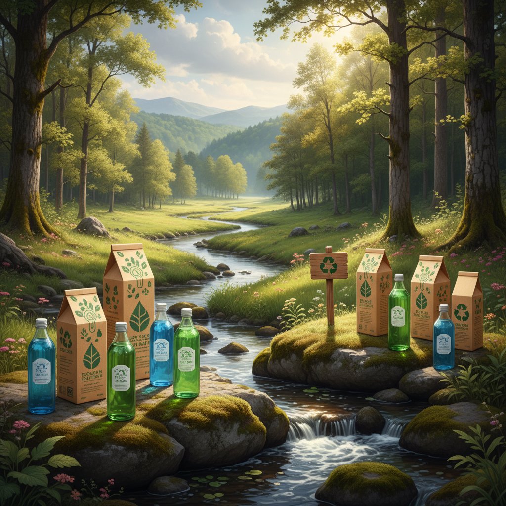 Ekologiczne opakowania chemikaliów na tle zielonego krajobrazu