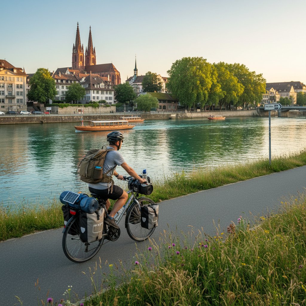 Ekologiczny podróżny z plecakiem na rowerze w Bazylei, w tle rzeka Ren