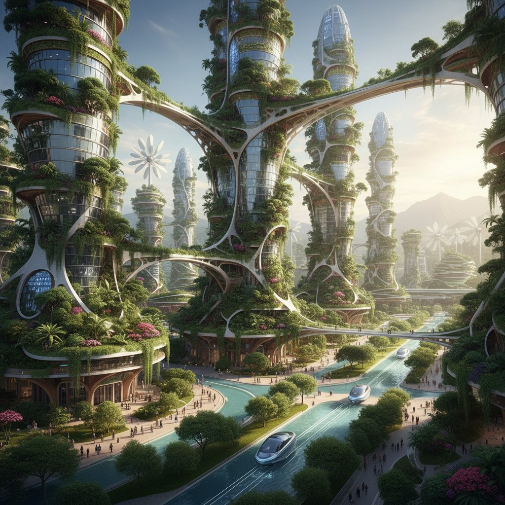 An eco-utopian metropolis filled with greenery and advanced architecture, vertical gardens, solar panels, and clean avenues.