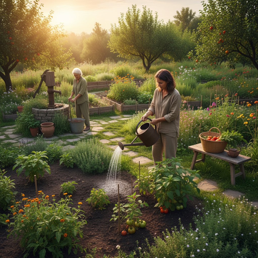 Ogród ekologiczny, ręczne podlewanie i nawożenie, tradycyjne narzędzia ogrodnicze