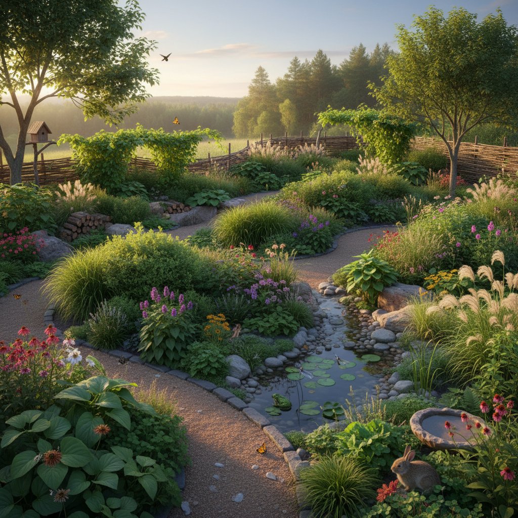 Ekologiczny ogród z naturalnie uformowanymi roślinami – różnorodność biologiczna