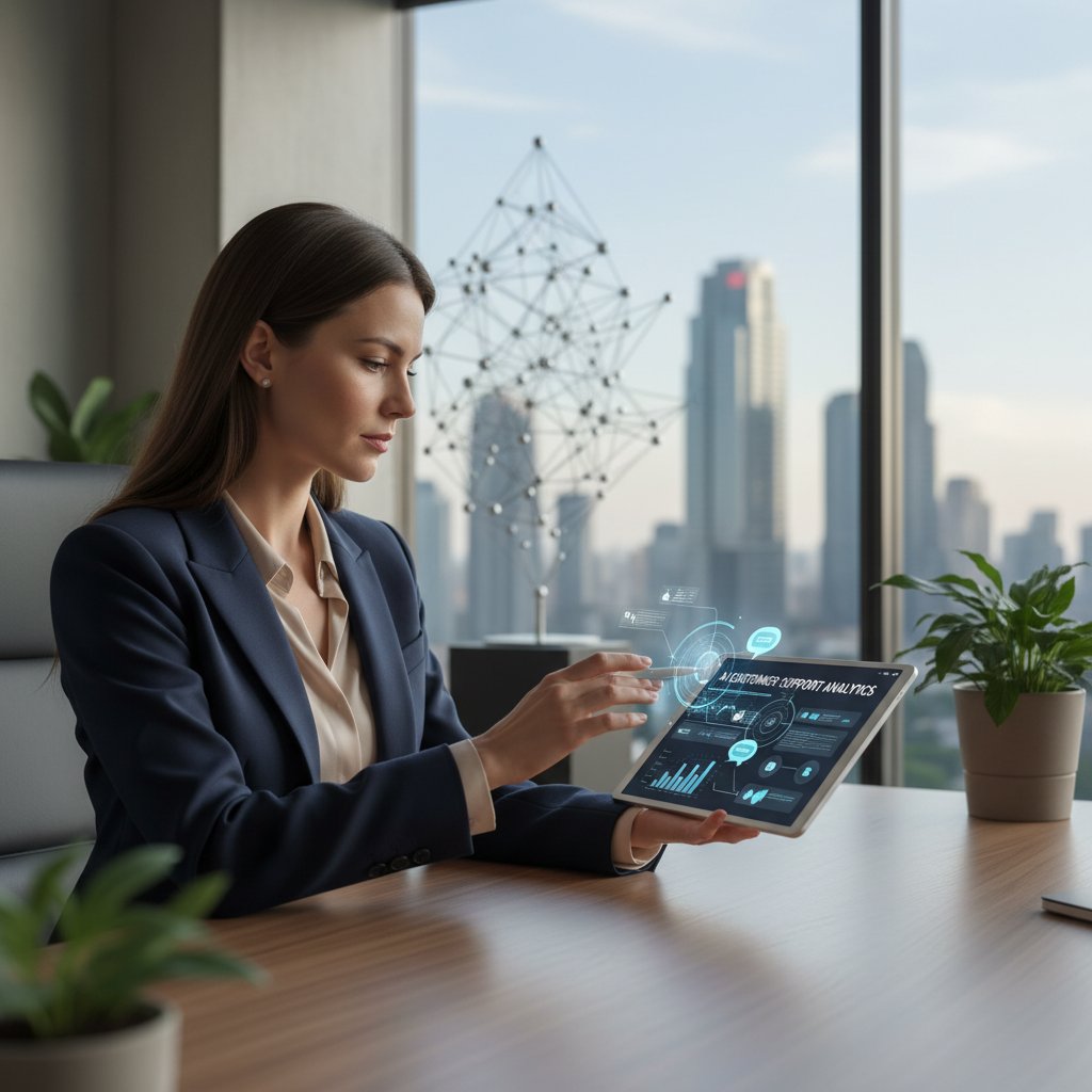 Szef e-commerce analizuje efekty wdrożenia AI w dziale obsługi klienta na tablecie