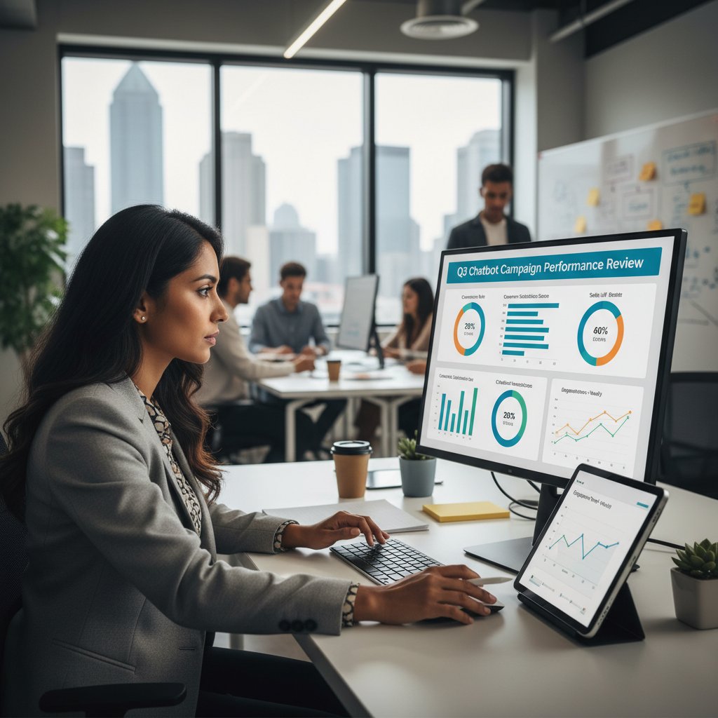 Pracownik sklepu e-commerce analizuje wyniki kampanii powiadomień chatbotowych na laptopie, wykresy, biuro