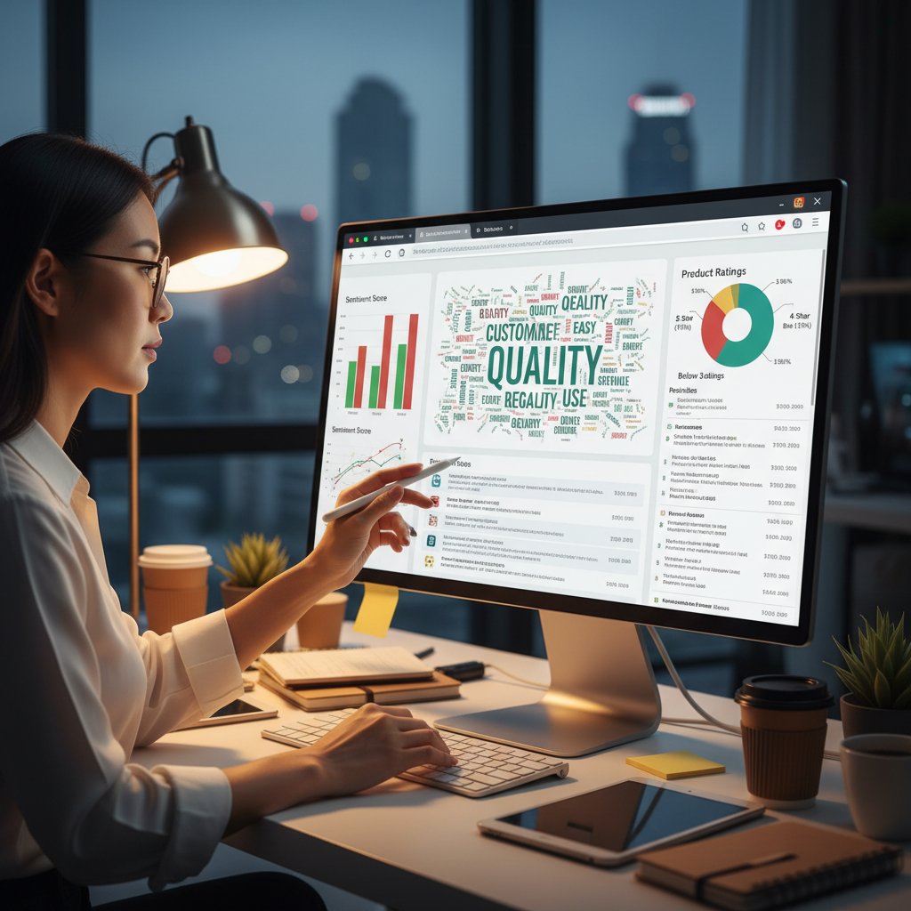 Ekspert e-commerce analizuje recenzje produktów na ekranie monitora