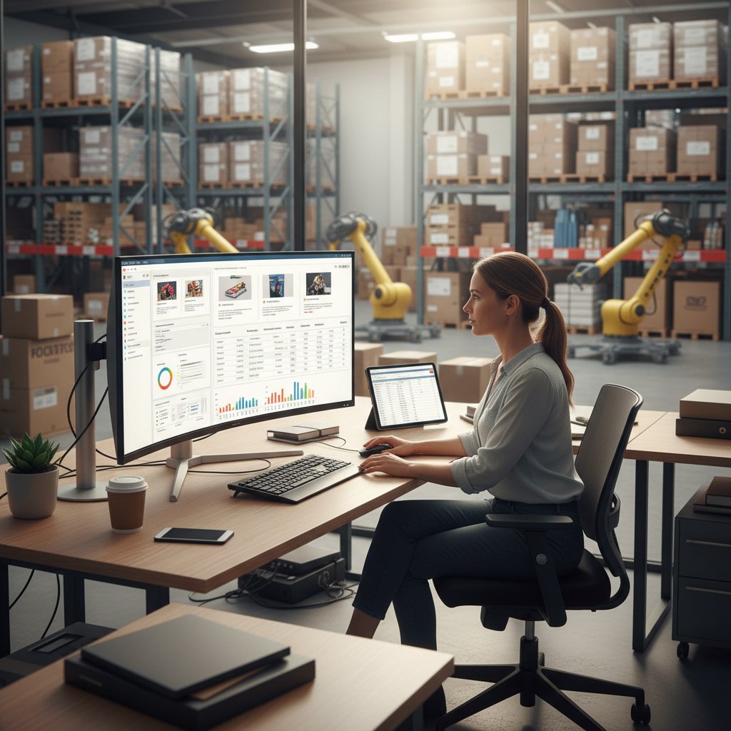 Operator e-commerce przy komputerze kontrolujący ewidencję magazynową