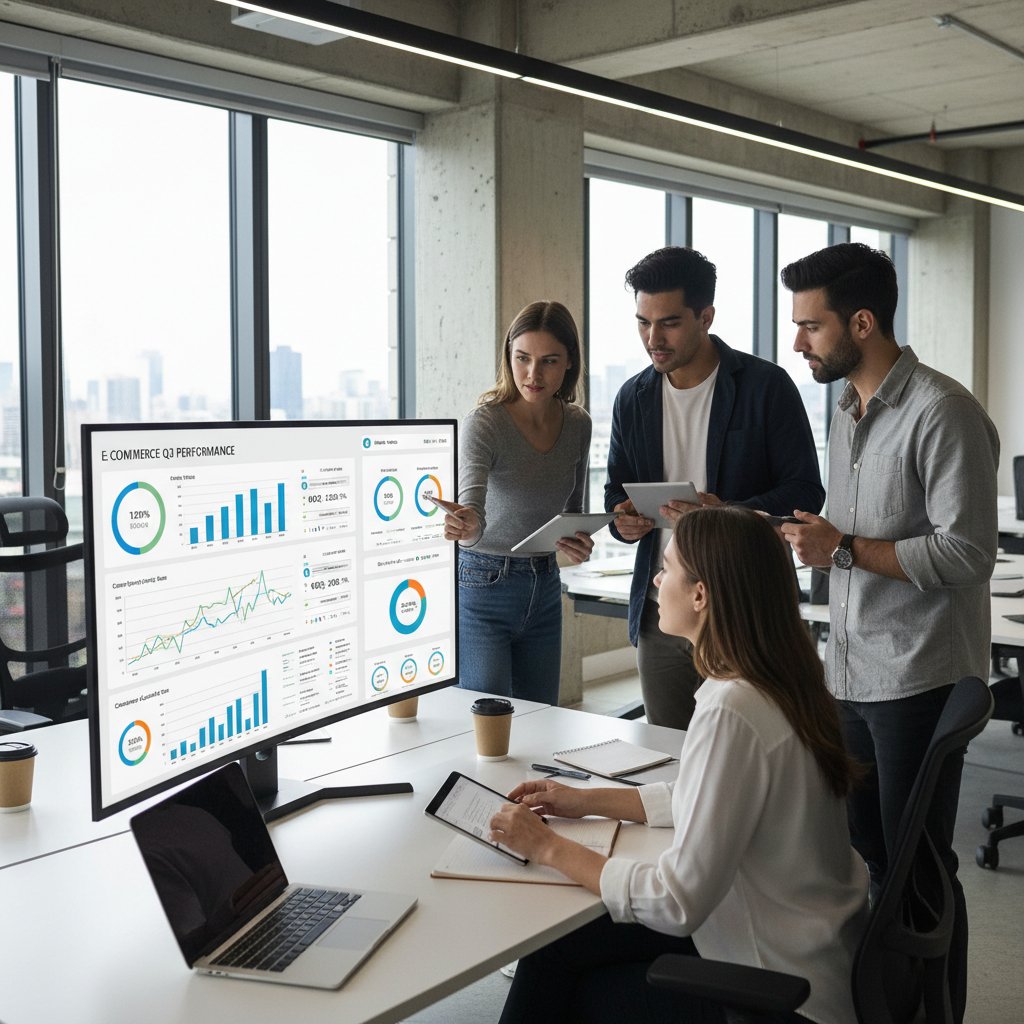 Zespół e-commerce analizujący wyniki na nowoczesnym ekranie z wykresami i wskaźnikami KPI