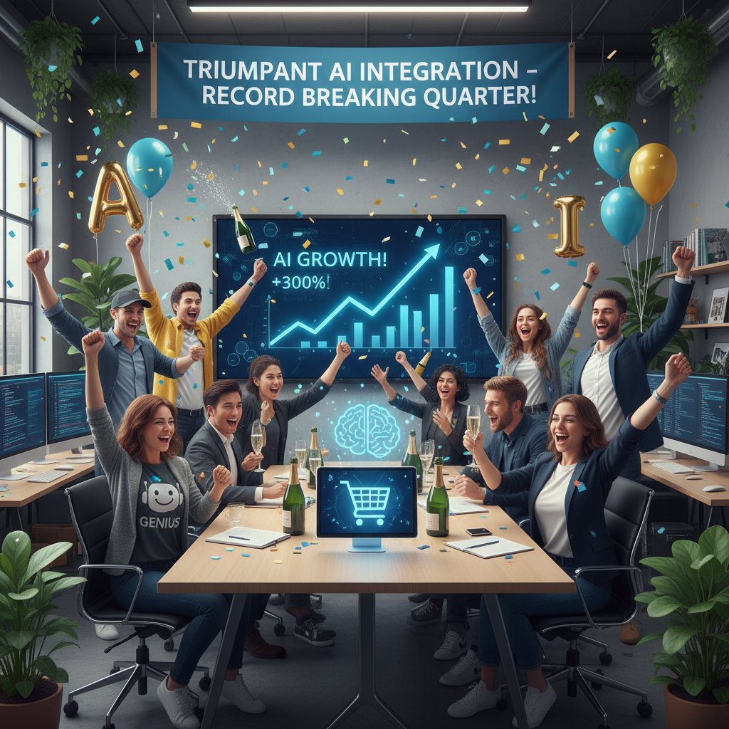 Zdjęcie zespołu świętującego udane wdrożenie AI w sklepie internetowym