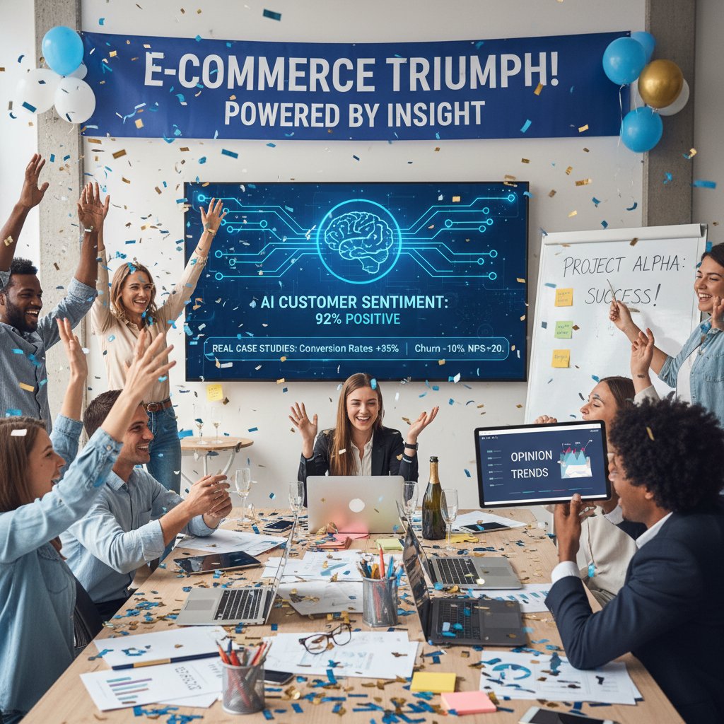 Zespół e-commerce świętujący sukces po wdrożeniu analizy opinii klientów AI, realne case studies