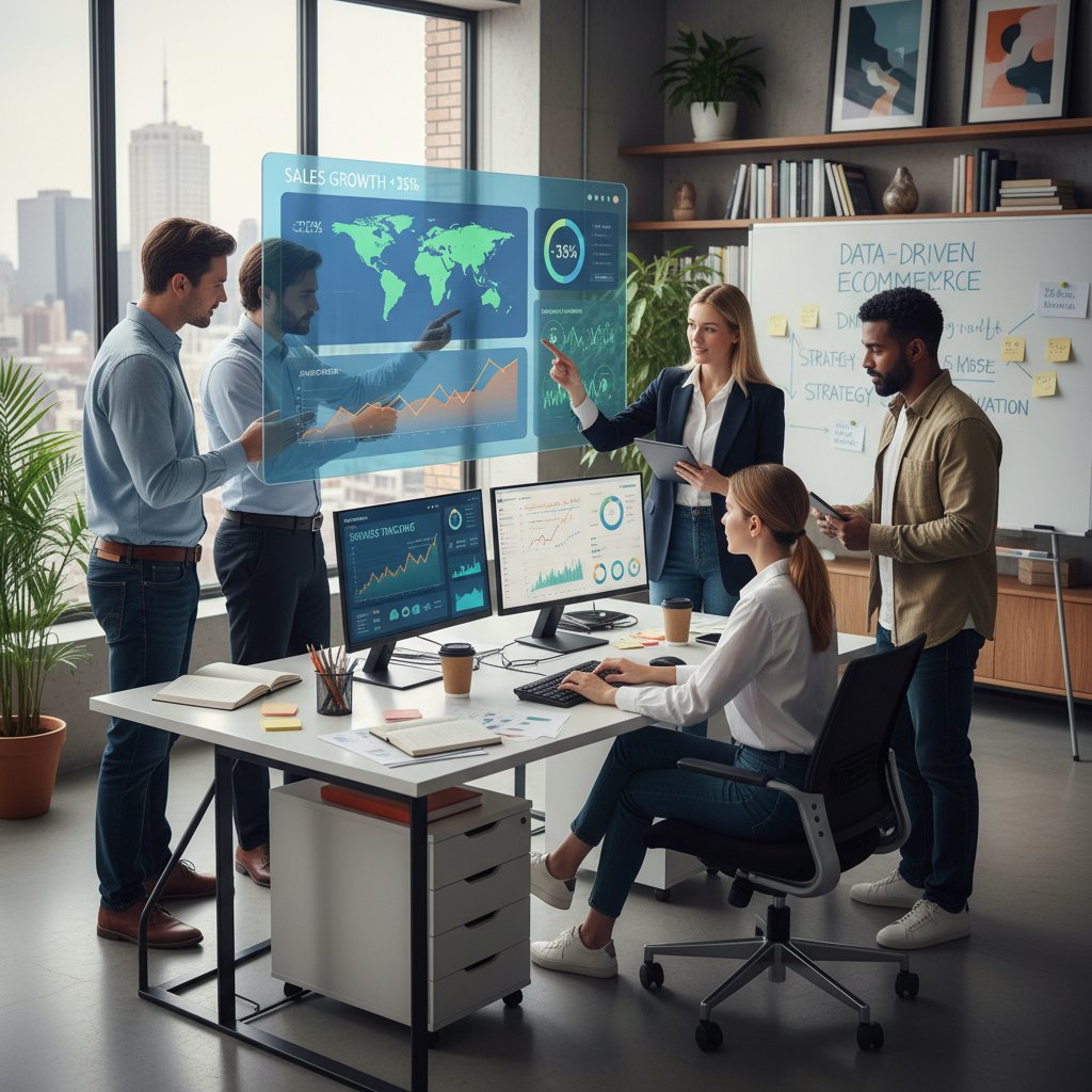 Pracownicy sklepu internetowego analizujący dane sprzedażowe – efekt wdrożenia analizy konkurencji