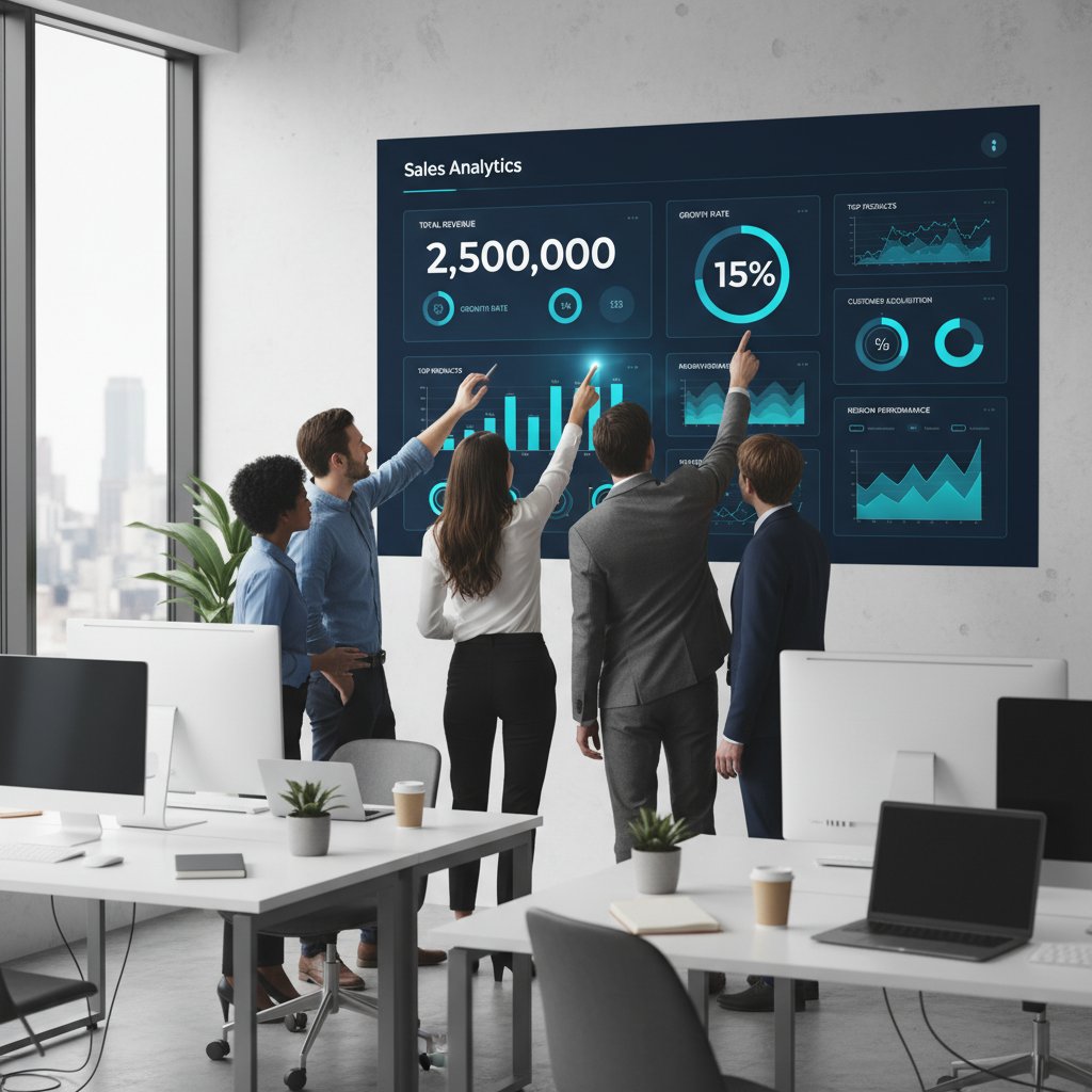 Zespół e-commerce analizujący wyniki sprzedaży na nowoczesnym dashboardzie