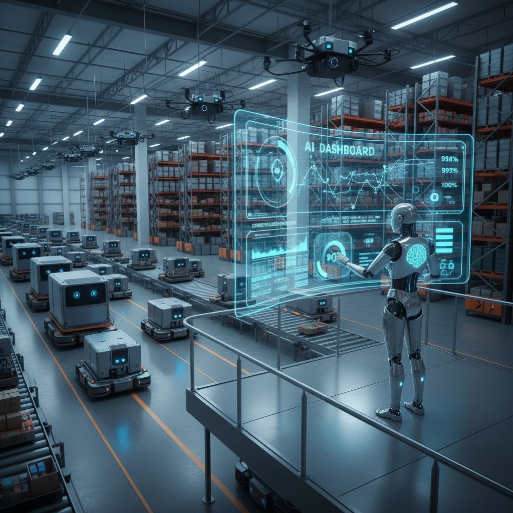 Magazyn e-commerce zautomatyzowany przez roboty, menedżer monitorujący panel AI – obraz sukcesu wdrożenia