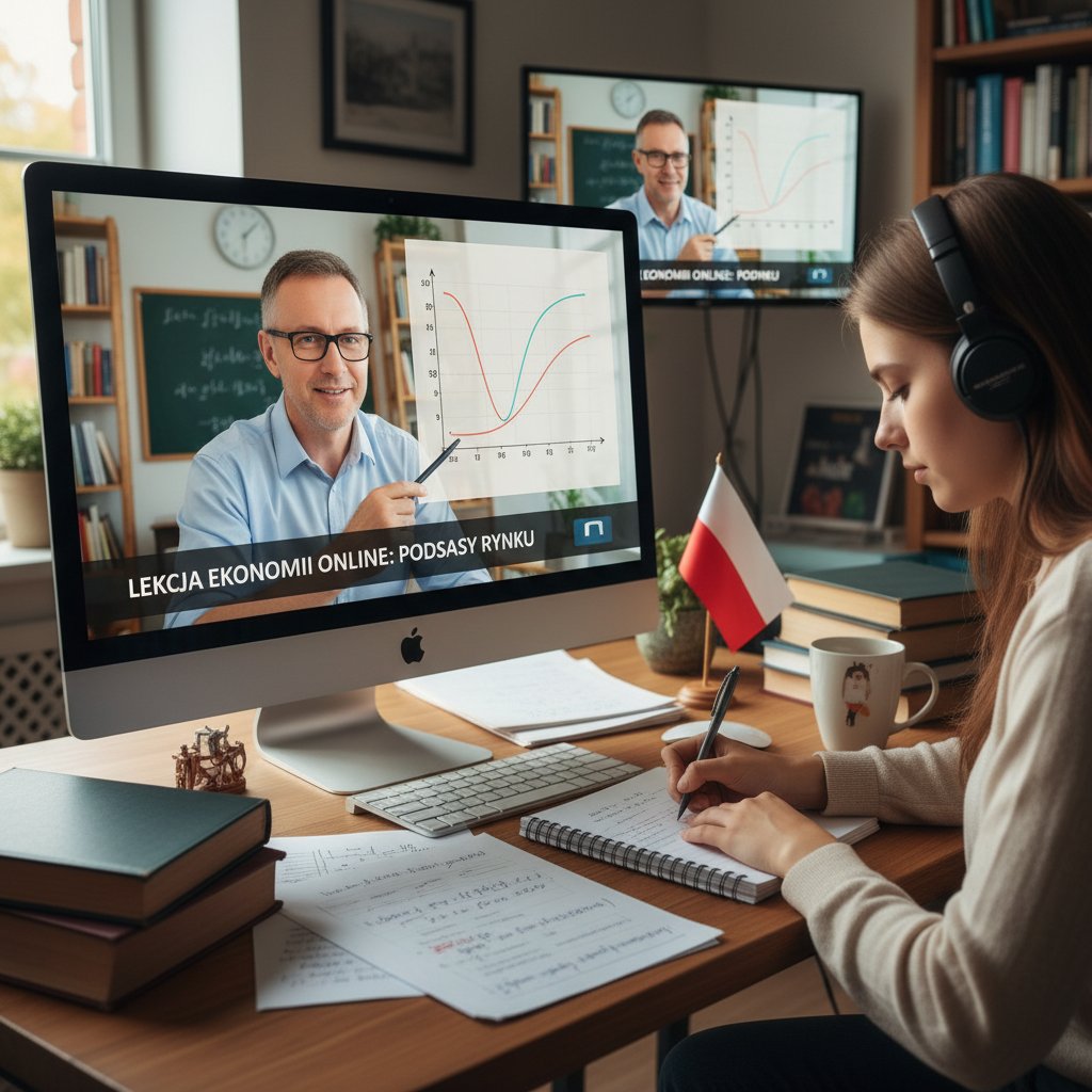 Nauczyciel ekonomii prowadzący lekcję online, komputer z wykresem, notatki, polski student