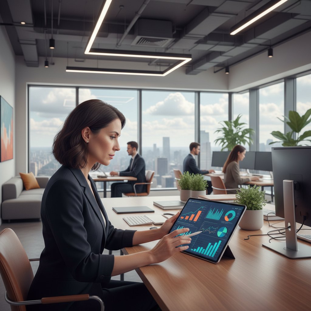 Ekonomista analizujący wykresy na tablecie w nowoczesnym biurze, symbol rozwoju kompetencji cyfrowych