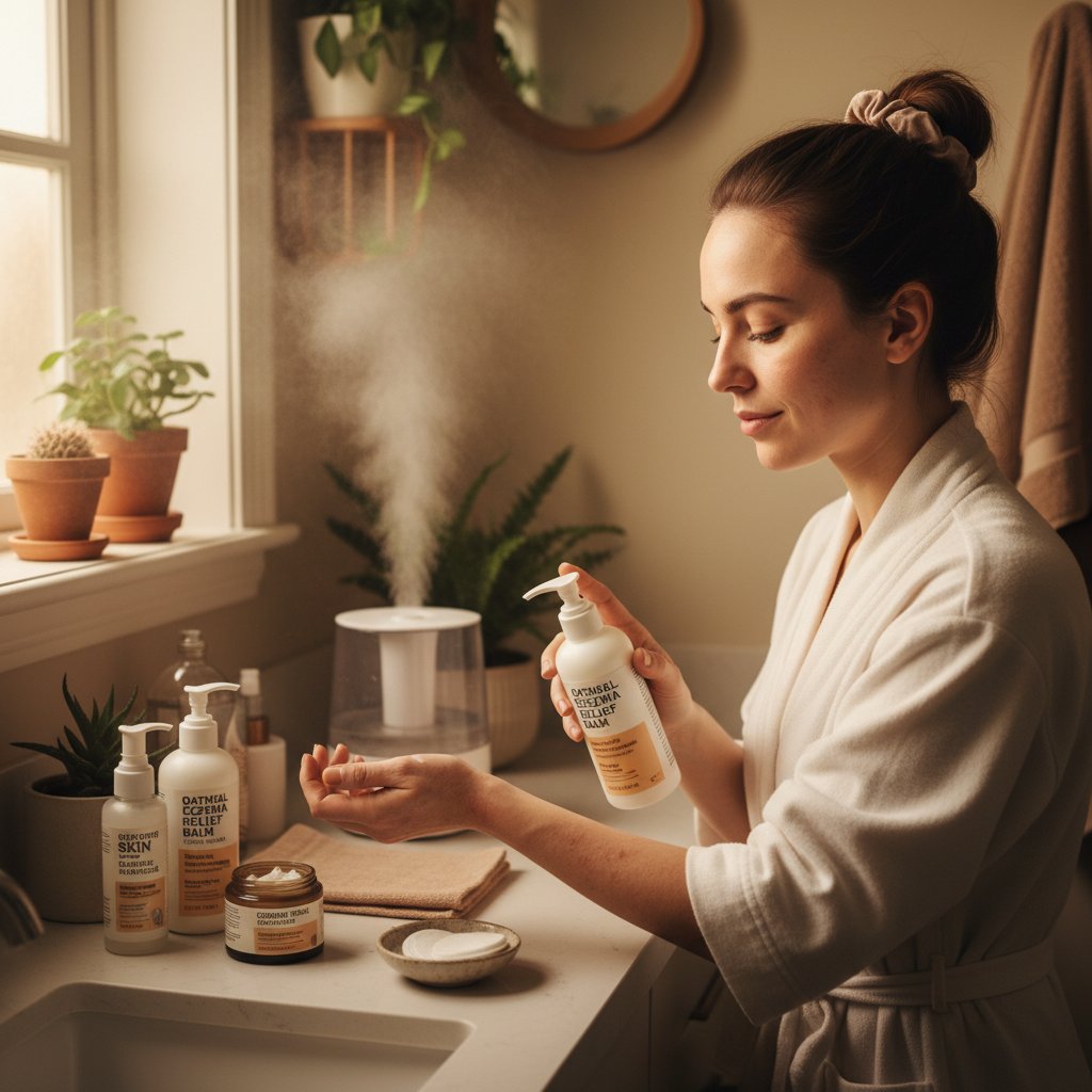 Osoba nakładająca krem na egzemę w domowym zaciszu, intymna scena codziennej walki z chorobą