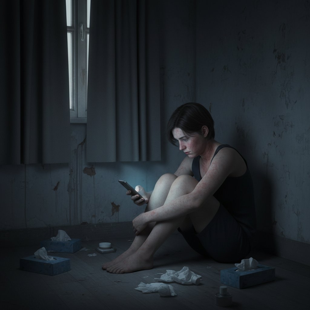 Samotna osoba zmagająca się z psychicznymi skutkami egzemy, siedzi w ciemnym pokoju z przygnębionym wyrazem twarzy