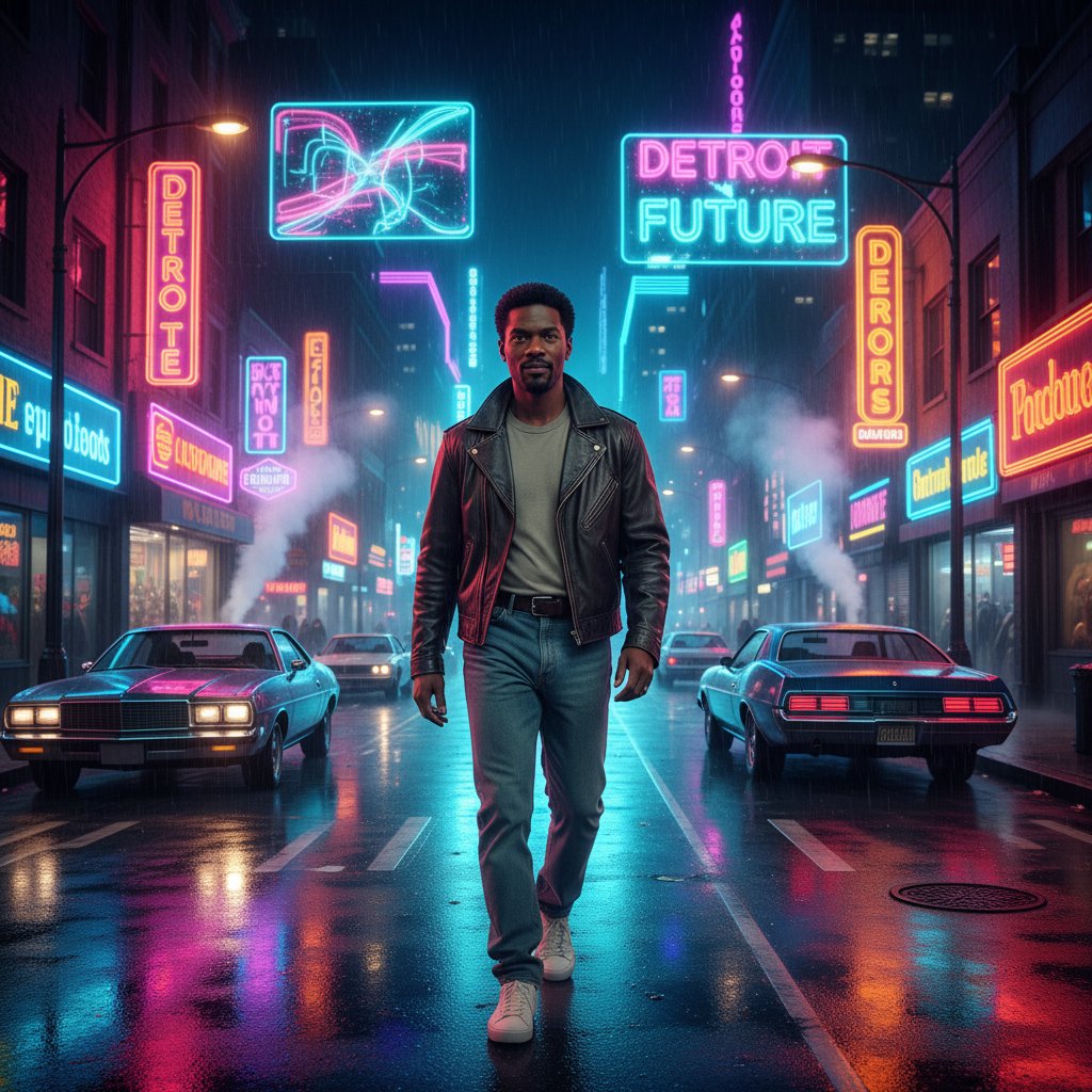 Eddie Murphy as Axel Foley, Detroit city backdrop, neon palette