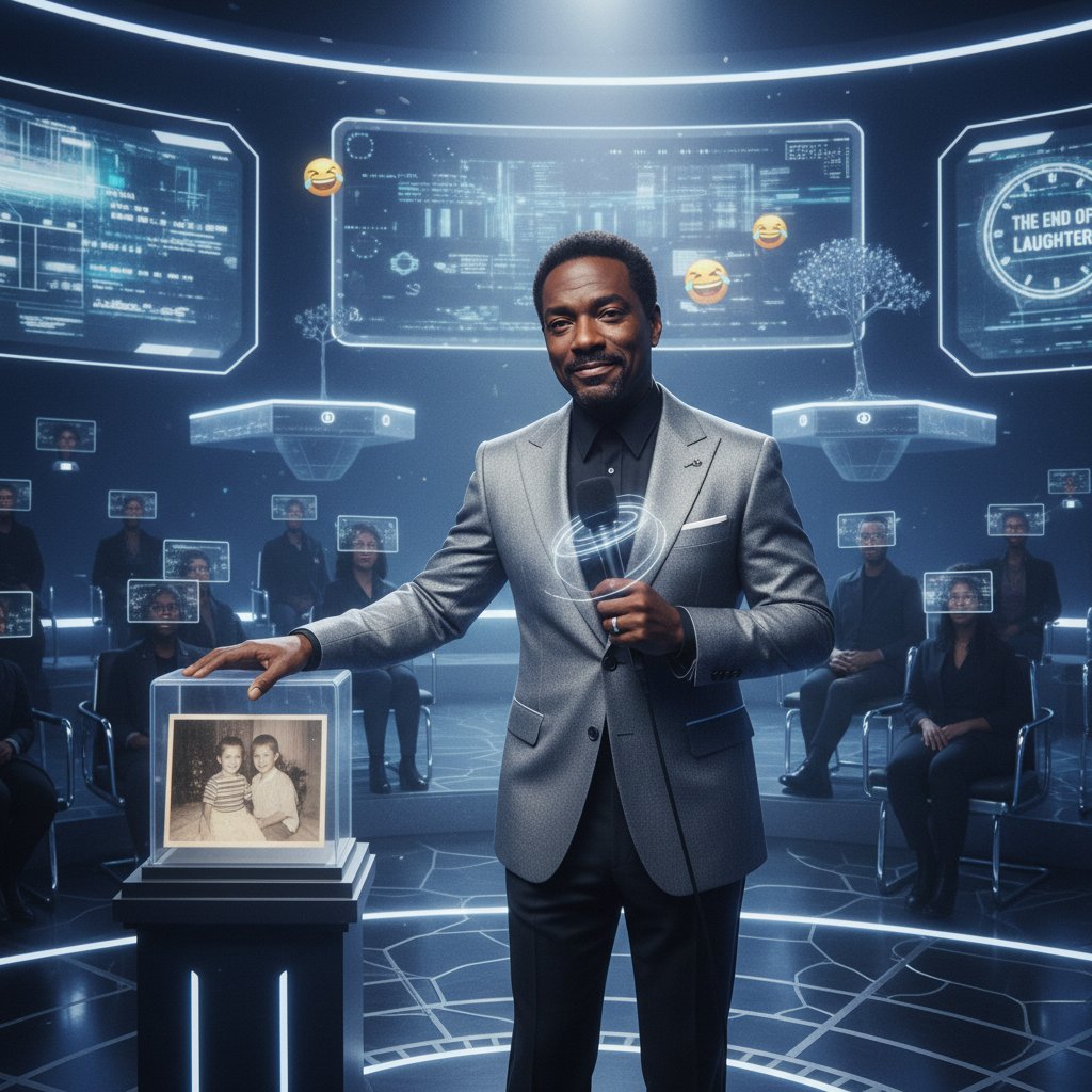 Surreal futuristic set: Murphy in a failed sci-fi film, playful but melancholic tone