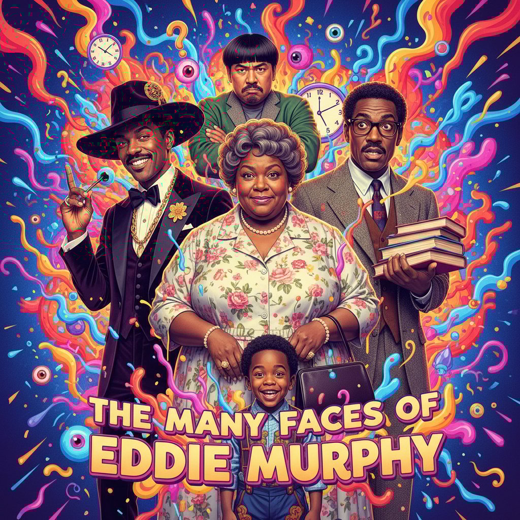 Eddie Murphy in multiple disguises, surreal comedy studio