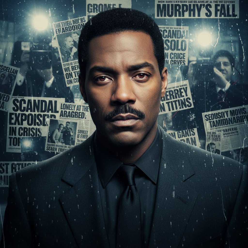 Tabloid-inspired collage: Murphy surrounded by headlines, somber mood