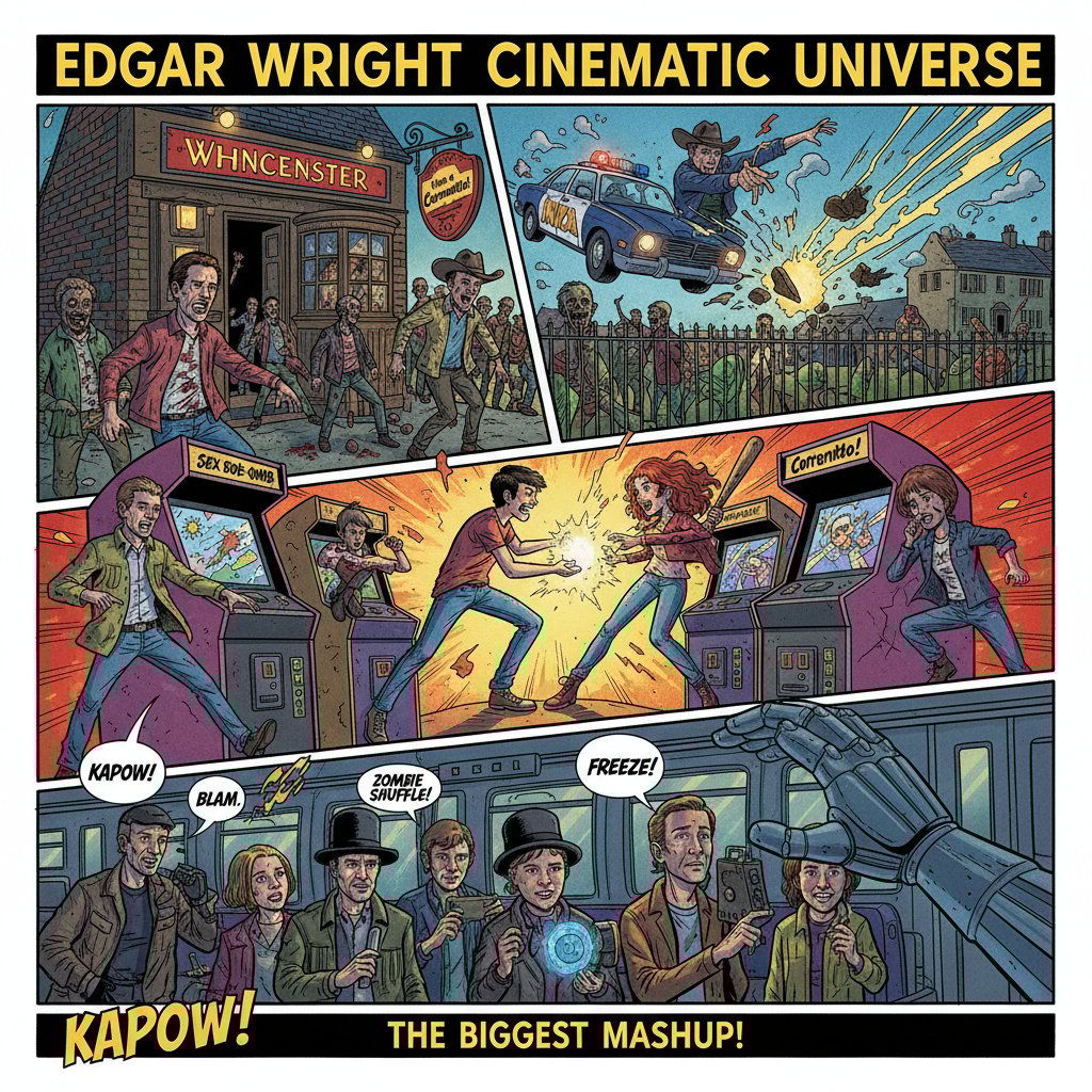 Visual representation of Edgar Wright’s reference-packed filmmaking in an energetic comic-book style scene mashup