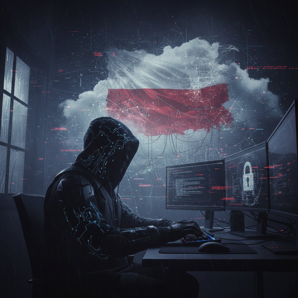 Zdjęcie: sylwetka hakera przy ekranie z grafiką chmury i polską flagą – symboliczne zagrożenia chmury obliczeniowej w Polsce