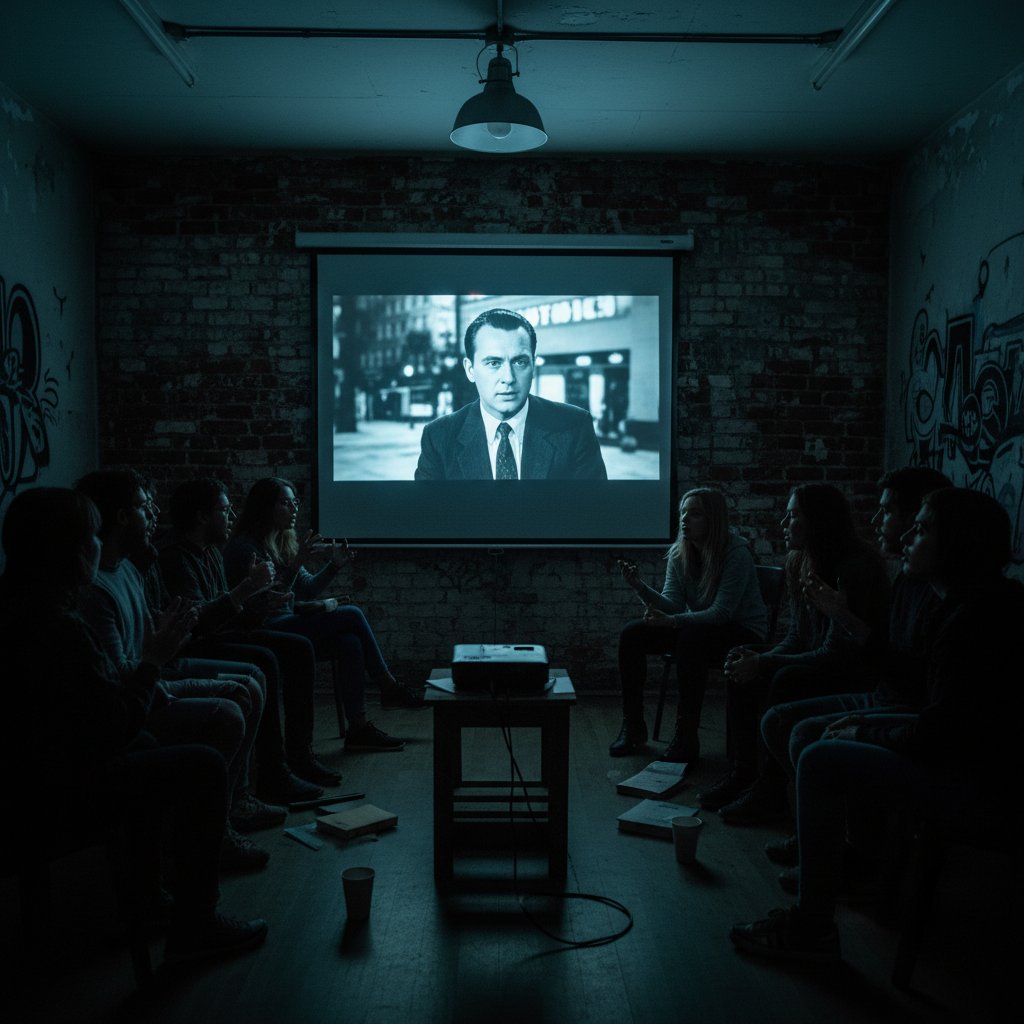 Students in a classroom watching an educational movie, engaged
