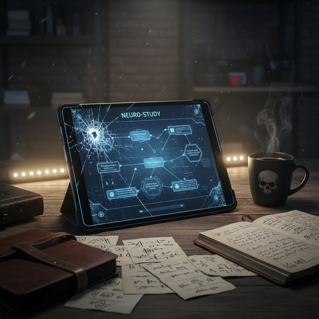 Tablet mit Lern-App, umgeben von Notizen und Kaffee, als Symbol für modernes Lernen und Lerntempo