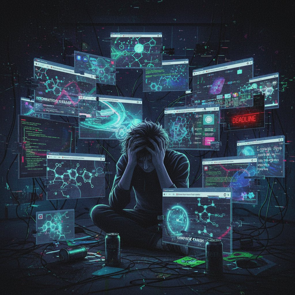 Stresujący student uczący się chemii nieorganicznej online, otoczony cyfrowymi wzorami chemicznymi i ekranami laptopów