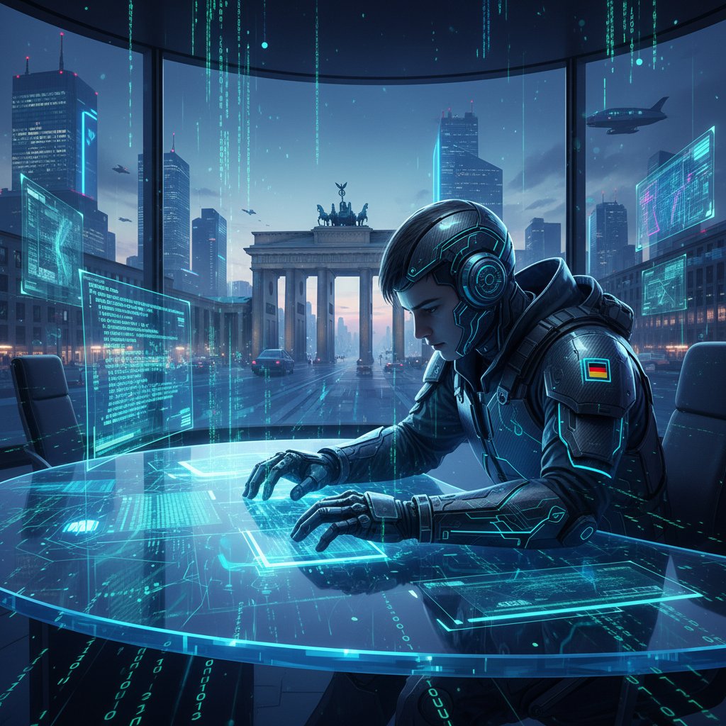 Ein digitaler Avatar hilft einem Schüler am Bildschirm, futuristische Atmosphäre, KI-Elemente sichtbar.