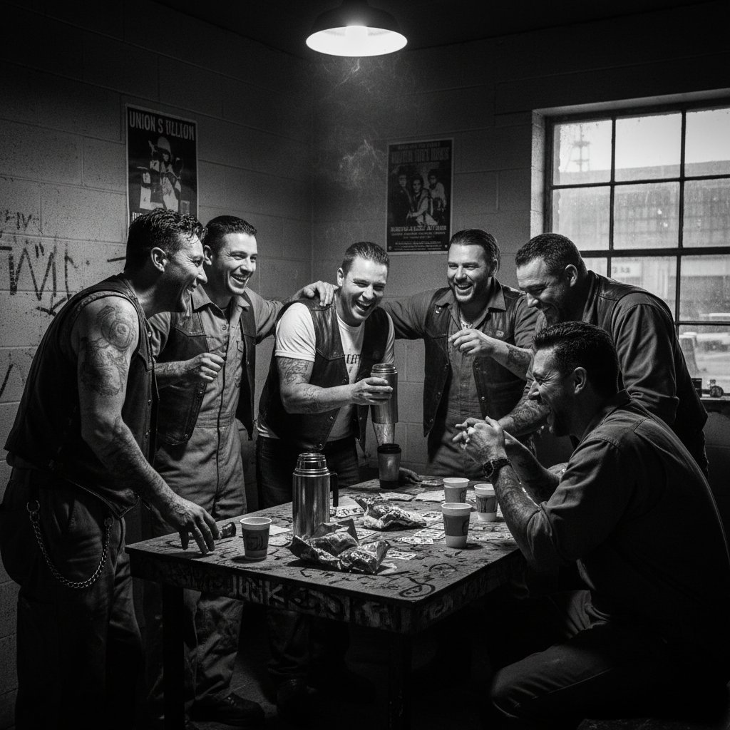 Grupa pracowników na przerwie, śmiech i koleżeństwo w pokoju socjalnym