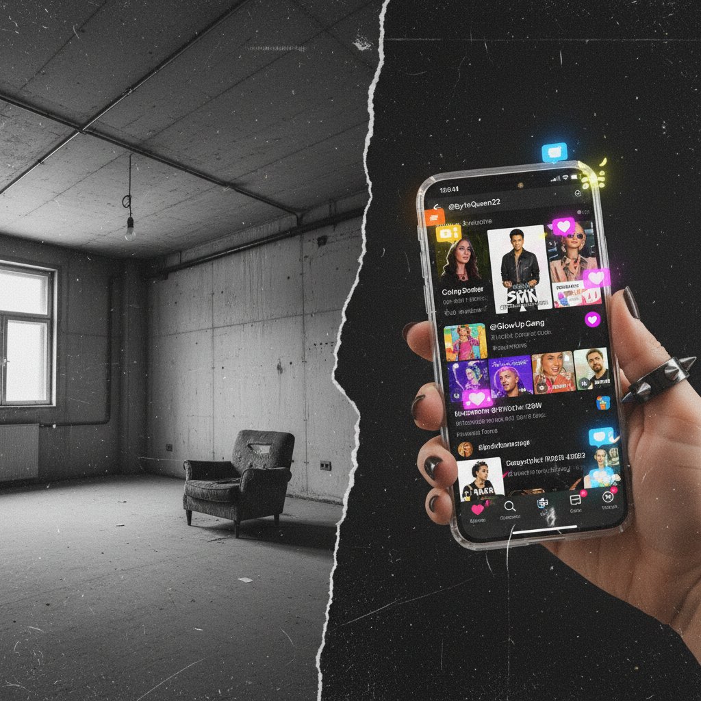 Kontrast między aktywnością w social media a samotnością offline. Podzielony ekran: osoba scrollująca social media i puste, ciemne pomieszczenie