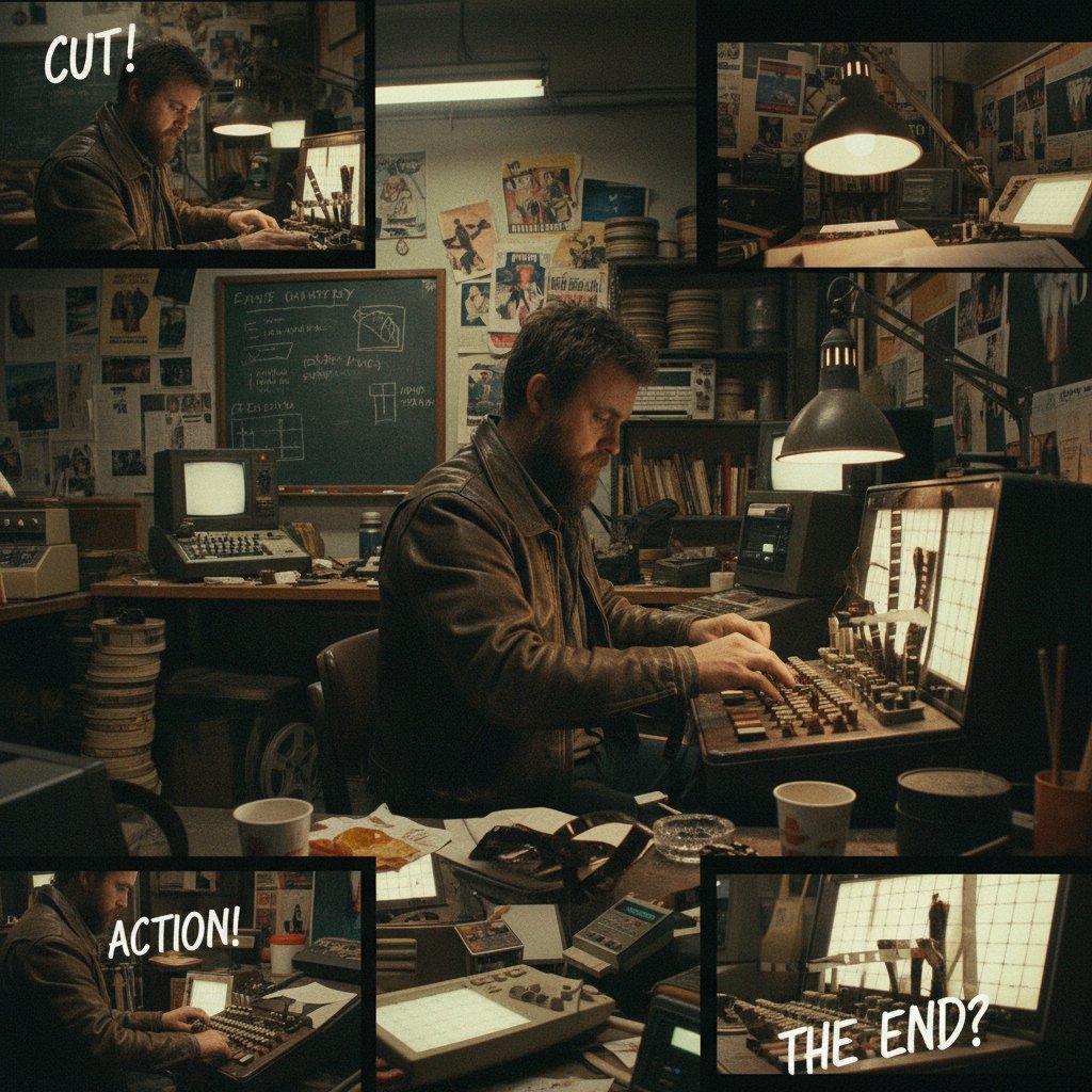 Montage of stylized editing boards, close-ups of hands editing film strips, gritty studio, focused mood