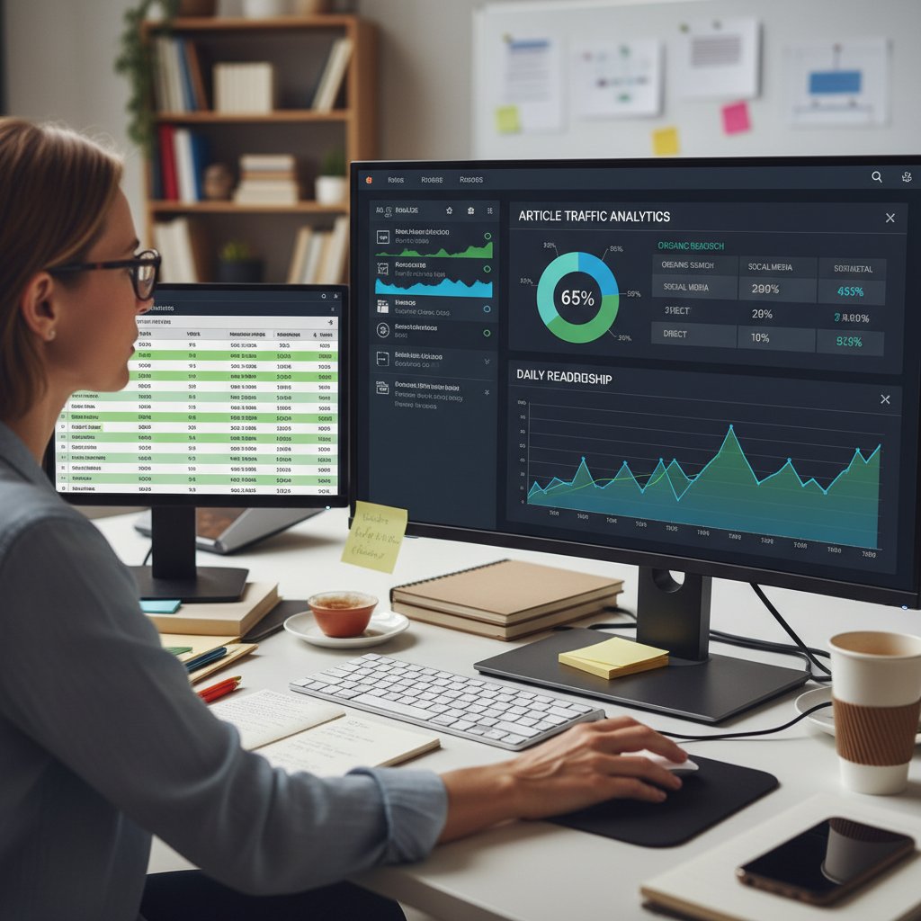 Redaktor analizujący widoczność artykułów na ekranie komputera