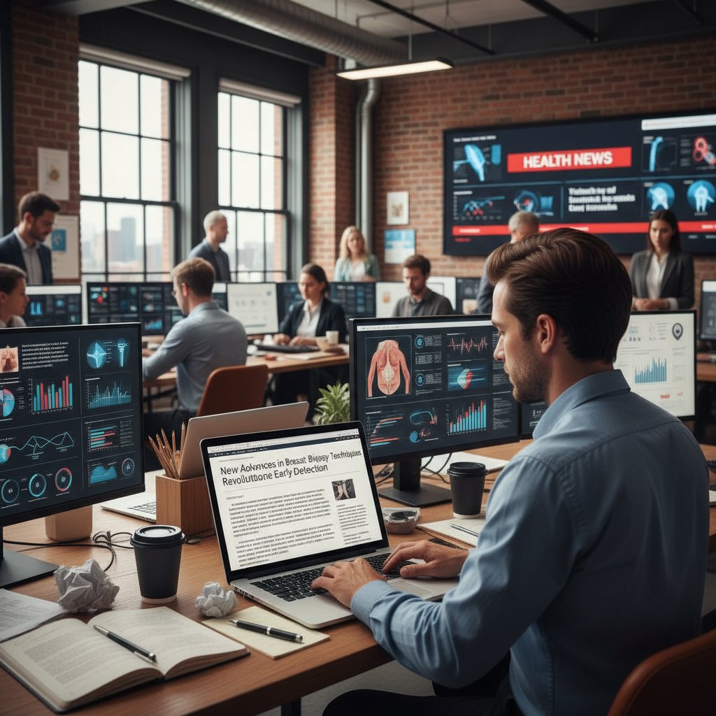 Redaktorka pisząca artykuł o biopsji piersi, gazeta, komputer, mocny wyraz twarzy