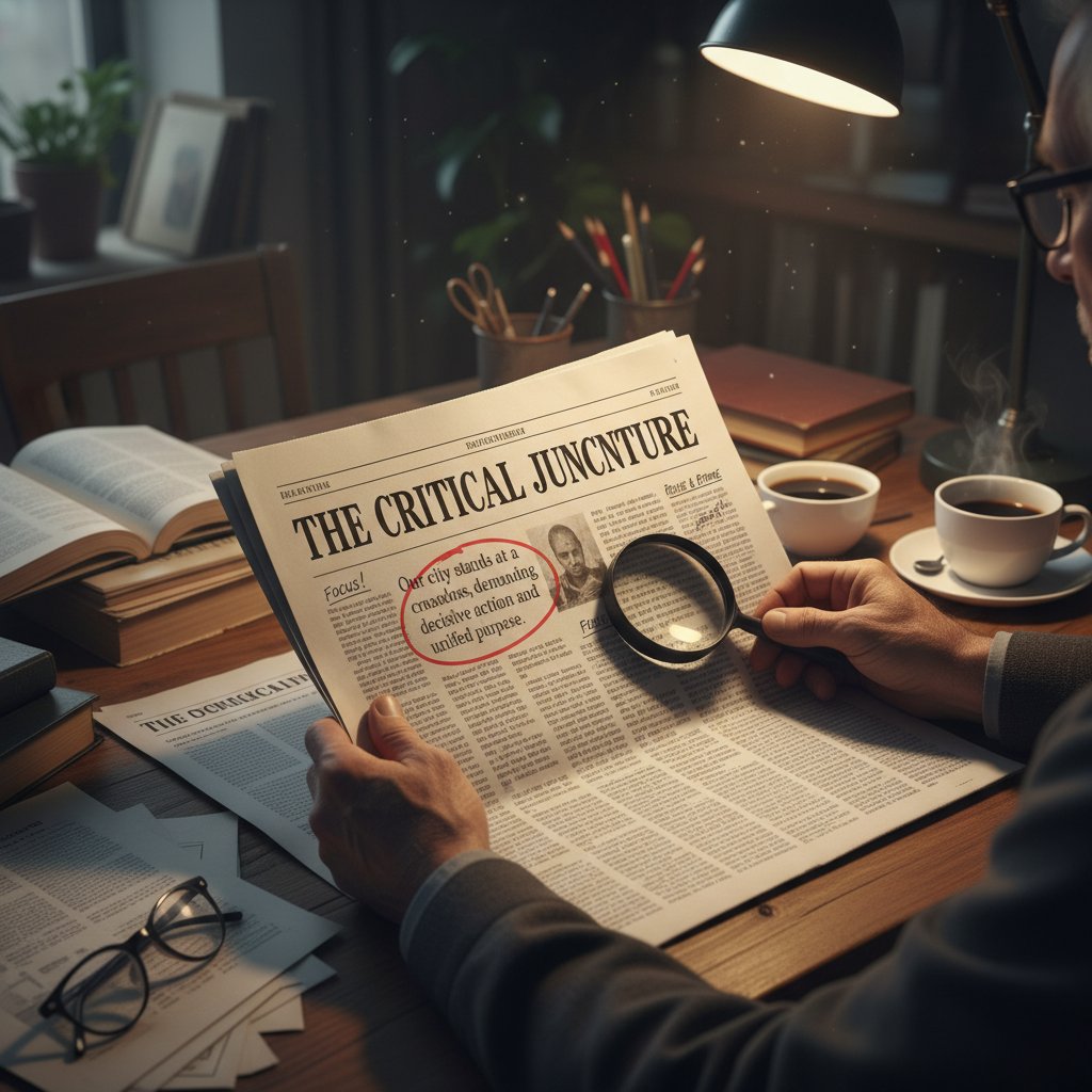 Redaktor pracujący nad tekstem opiniotwórczym, skupiony i zaangażowany