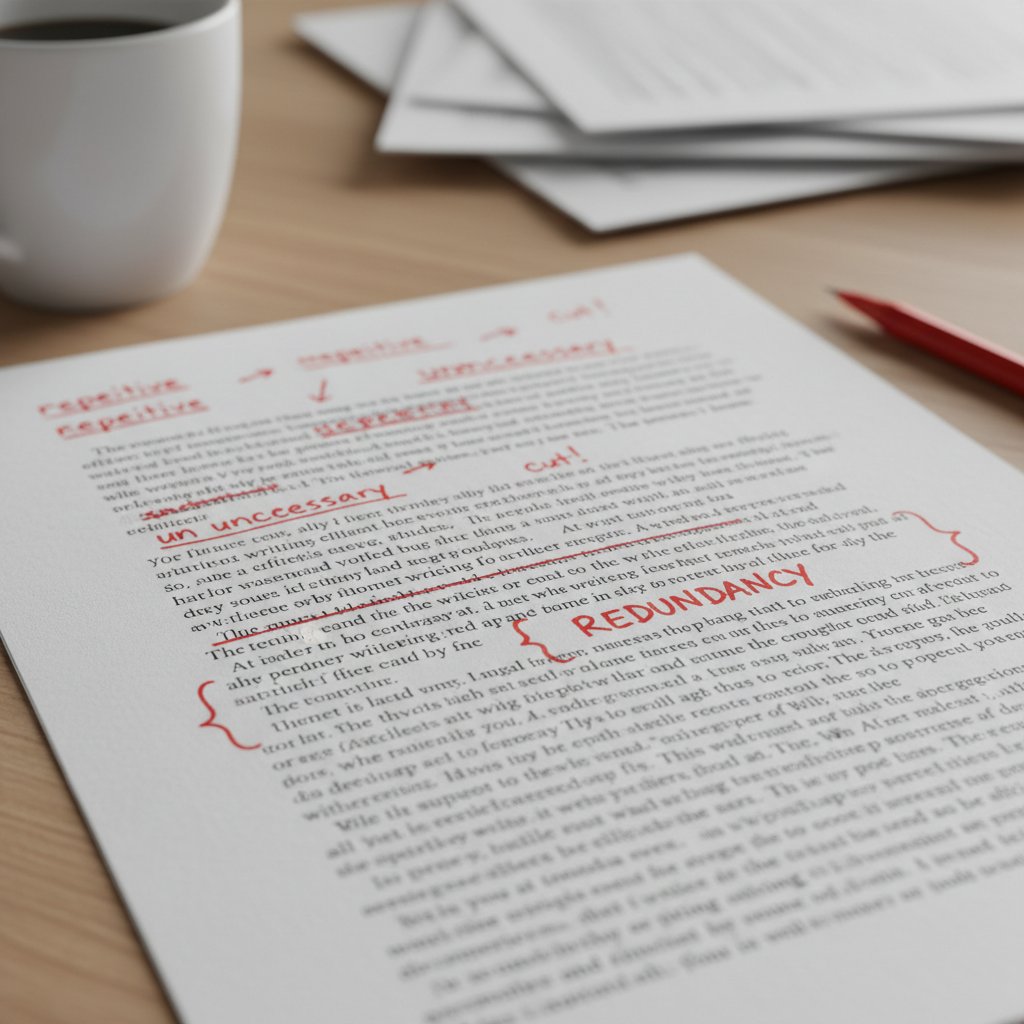 Redaktor wykreślający powtarzające się fragmenty tekstu na wydruku