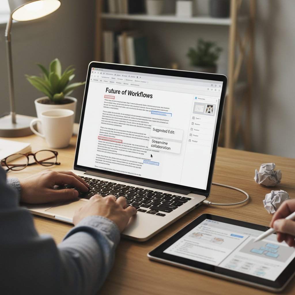 Redaktor w skupieniu wdraża nowy workflow redakcyjny na laptopie