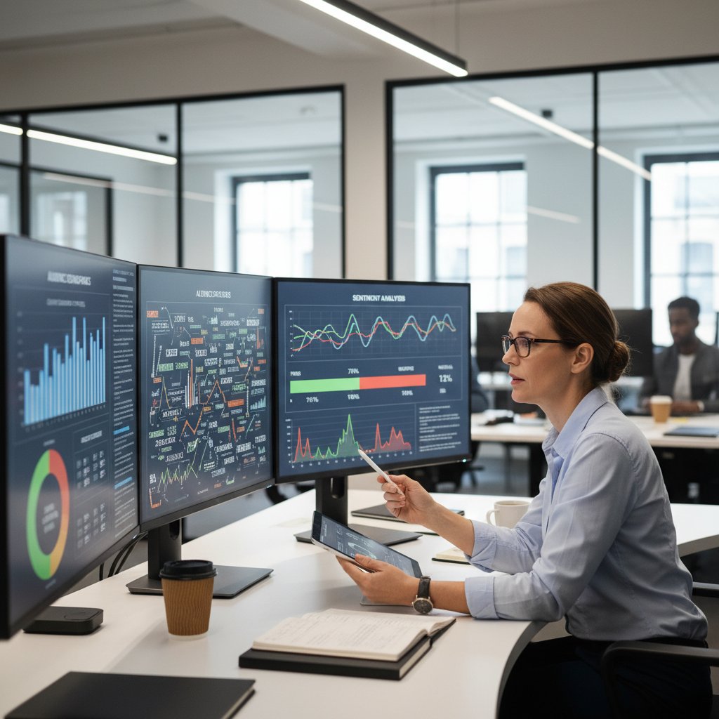 Redaktorka analizująca profile odbiorców na ekranie, wykresy sentymentu i segmentacji