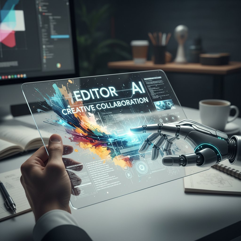 Redaktor i AI pracujący wspólnie nad felietonem w nowoczesnym biurze