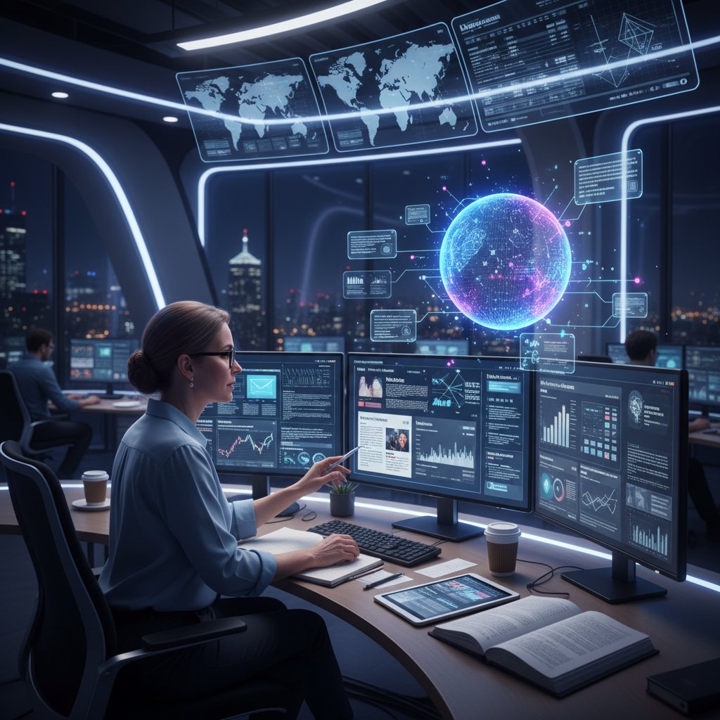 Redaktor i AI współpracujący przy komputerze, analizując newsy