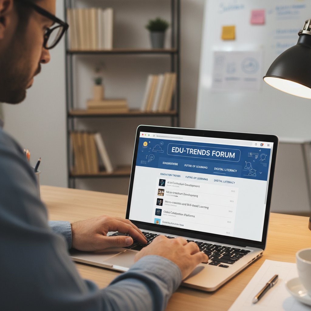 Redaktor przeglądający forum nauczycieli, inspiracje do artykułu o edukacji i trendach