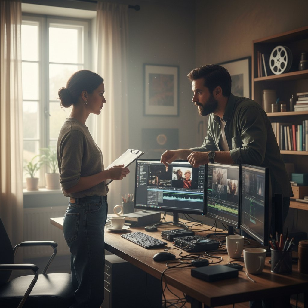 Editor and director debating a cut in an editing suite, behind-the-scenes, natural lighting, 16:9
