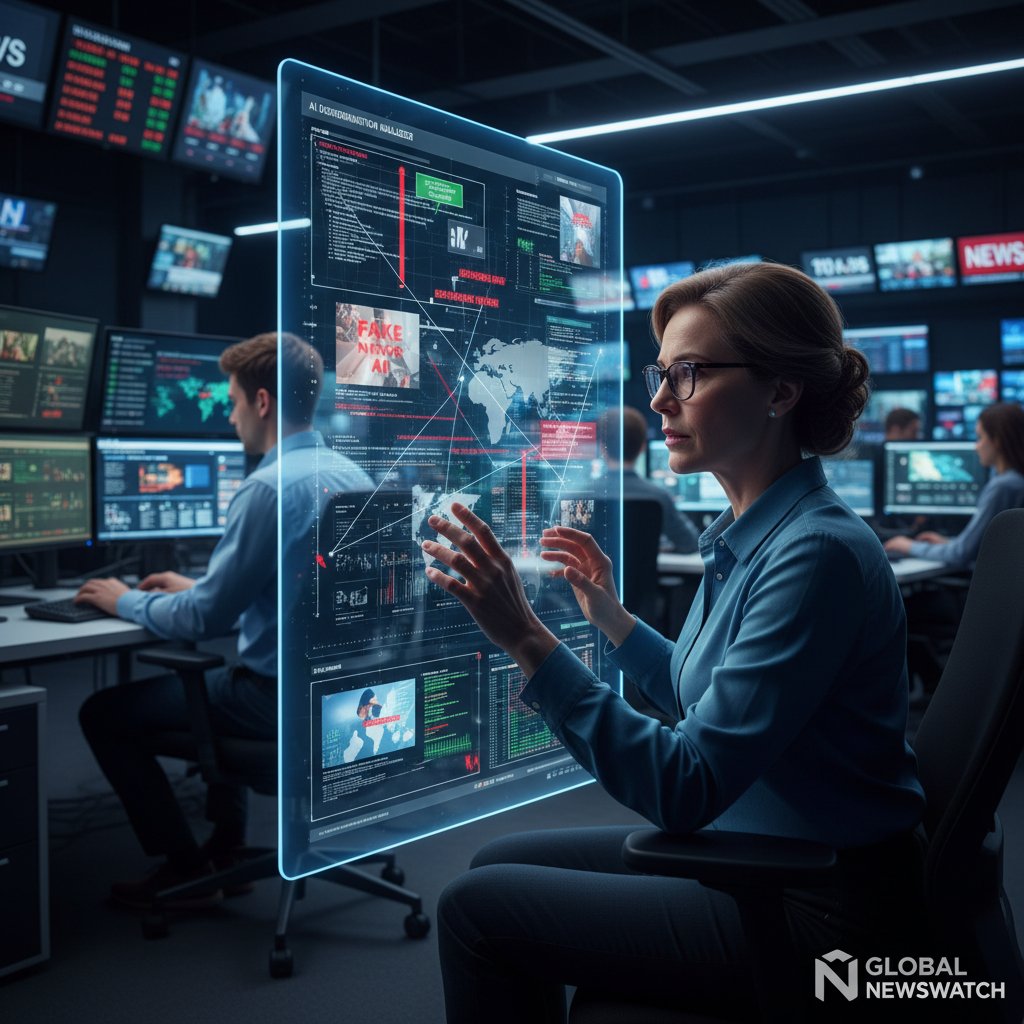 Redaktor w newsroomie analizujący materiały na ekranach komputerów, symbolizujący walkę z dezinformacją AI w mediach