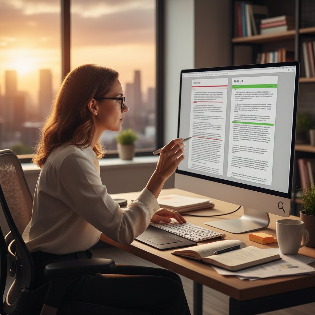 Redaktor analizujący kolejne wersje dokumentu na ekranie komputera