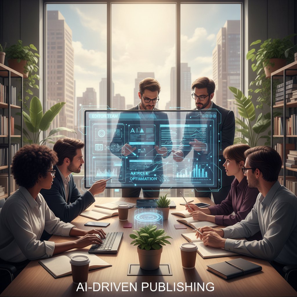 Redaktor z zespołem AI analizujący wyniki optymalizacji artykułów